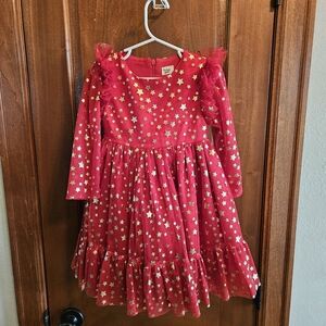 Red Tulle Dress With Gold Star Pattern Size 3t Like New